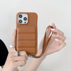 Down Jacket Wallet Card Holder Phone Case with Lanyard for iPhone 15 Series