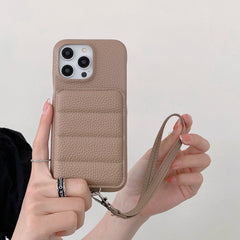 Down Jacket Wallet Card Holder Phone Case with Lanyard for iPhone 14 Series