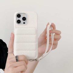 Down Jacket Wallet Card Holder Phone Case with Lanyard for iPhone 14 Series